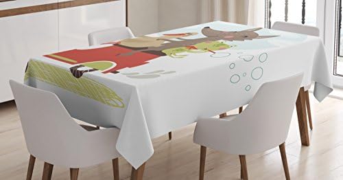 Cartoon Tablecloth by Printawe, Cute Fox Duck and Frog Driving Car Joyful Journey Bubbles Kids Nursery Baby Theme, Dining Room Kitchen Rectangular Table Cover, 60 W X 84 L Inches, Multicolor