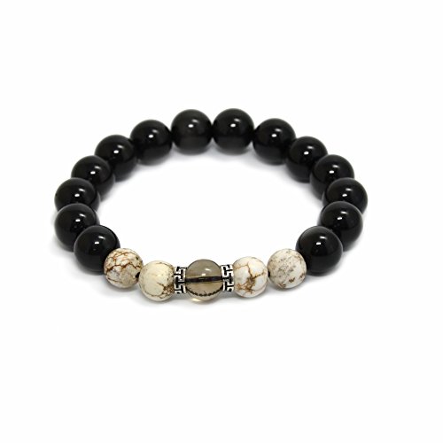 COLORFEY Men 10mm Black Obsidian Howlite Smoky Quartz Healing Crystal Energy Stone Strech Beads Bracelet