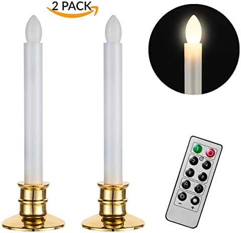Window Candles Flameless LED Taper Candles Battery Operated with Gold Removable Candle Holders | 10-key Remote Timer | Home, Holiday Decoration, Dinner Candle, Pack of 2