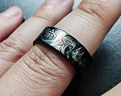 Engraved Triforce Zelda Design Ocarina Link Master Sword & Shield Majora Inverted Midnight Black Tungsten Ring Flat Polished - 4mm to 12mm - Thumbnail 3
