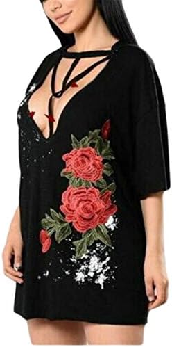 Tymhgt Womens Sexy Short Sleeve Floral Embroidery Lace Up Hollow Out Deep V-Neck T-Shirt Black XXS