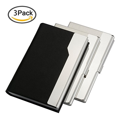 KISSWILL Business Card Holder 3 Pack, PU Leather Business Card Case with Magnetic Shut(Black) and Metal Card Case(Silver) for Men and Women.
