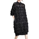 ellazhu Women's Dress Long Sleeve Oversize Split Hem Mesh Midi Length Tassel Solid GZ634 A