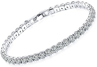 TEMICO White Gold Plated Round Cubic Zirconia Tennis Bracelet Women Cz Crystal Wedding Bridal Jewelry