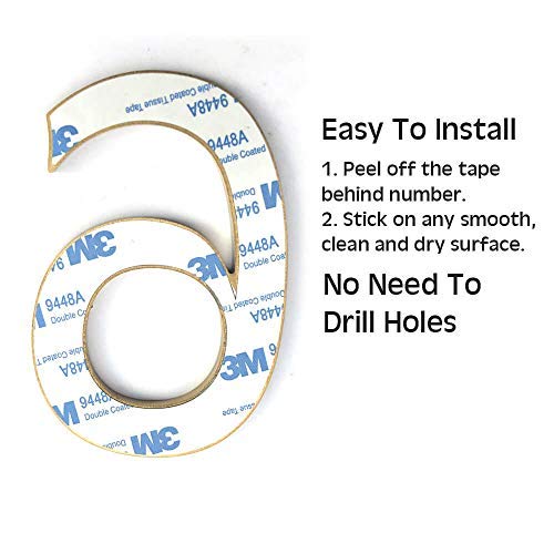 4 Inch Adhesive House Address Number Sticker 6 for Home Door Mailbox in 3D Modern Gold Metal by CandyCoCo