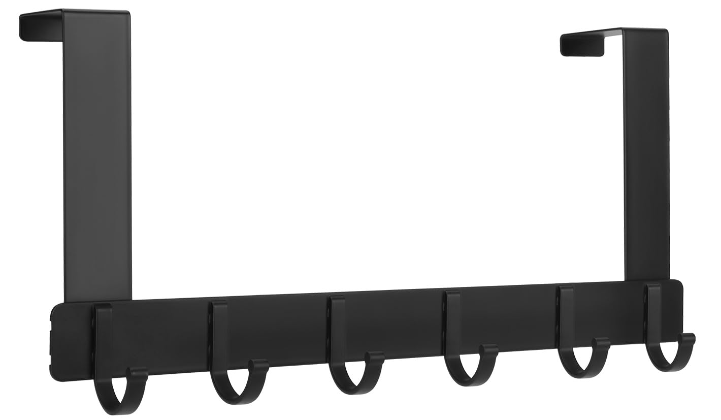 lmytdo Over Door Hanger, Heavy Duty Over Door Hooks, 6 Hooks Door Coat Hanger Space Saving Over Door Organizer Rack for Bathroom, Bedroom Hanging Coat, Towel, Bag, Robe, Bearing Weight 20kg (Black)