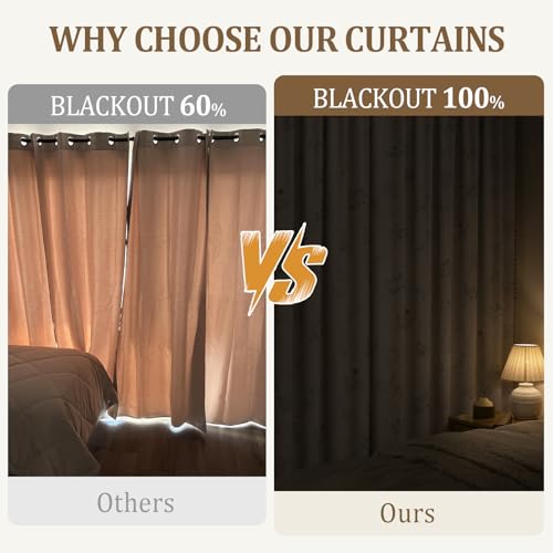 XOGUIBO Boho Floral 100% Blackout Curtains for Bedroom 84 Inch Length 2 Panels Set, Linen Texture Farmhouse Curtains Beige Tassel for Living Room Vintage Rustic Patterned Printed Western Rod Pocket