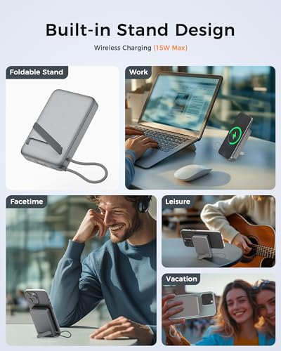 TESSAN 10000mAh Power Bank Inalabrico, PD 35W Cargador USB C Magnética Carga rápida, Batería Portátil con Cable USB-C Incorporado y Soporte Compatibles con iPhone Serie 17/16/15
