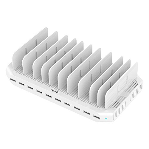 Alxum iPad Charging Station 96W 10-Port USB Charging Station Multiple Device USB Charger with Smart IC Tech, Organizer Stand for iPhone 7/6 Samsung Google Nexus LG, Tablets, White