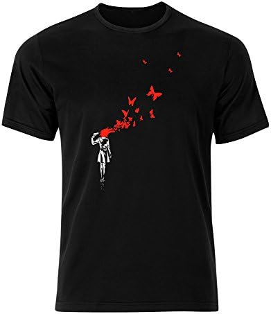 OVES Banksy Girl Blowing Brains Out Red Butterflies Street Body Art Design Mens Tee Shirt Top