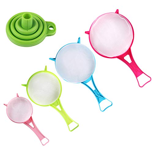 Fine Mesh Strainer Colander, Benbo 4Pcs Plastic Food Soy Milk Flour Sieve Long Handle Icing Sugar Sifters Strainer Tea Filter and Silicone Foldable Funnel for Kitchen