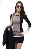 Zehui Women's Crewneck Mix Color Buttoned Casual Slim Long Sleeve Shirt Blouse Tops