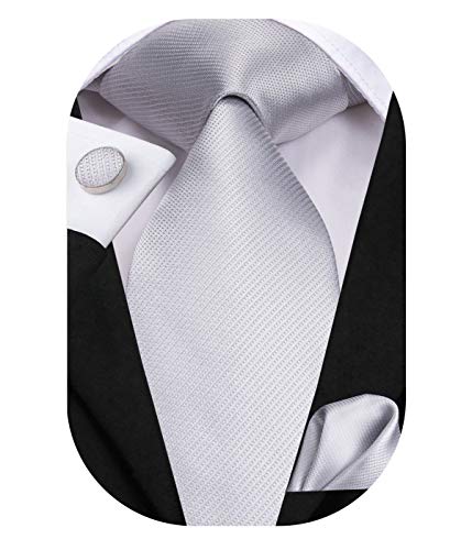 Hi-Tie Mens Silver Tie Set Woven Light Gray Silk