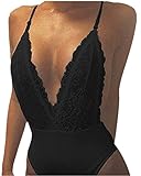 StyleDome Women Lace Strap Halter Plunge V Neck Bodysuit Bodycon Stretch Babydoll Leotard Black US 6-8
