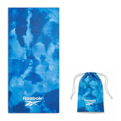 Reebok Sand Free Beach Towel - Quick Dry Microfibre Towel | Lightweight & Compact | Includes Carry Bag | Large Travel Towel for Pool, Gym & Travel Essentials - 90 x 180cm, Navy/Blue Cloud Print