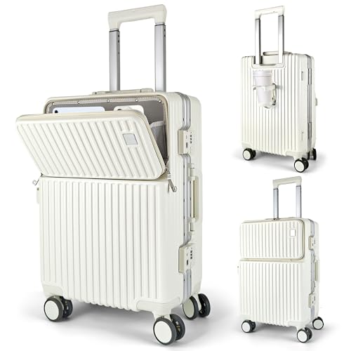 Carry On Luggage, 20 Inch Hardside Luggage, Carry On Suitcase with Front Open Laptop Compartment and Pocket, with Combination Lock, 4 Spinner Wheels, Cup Holder and Hook (c-White)