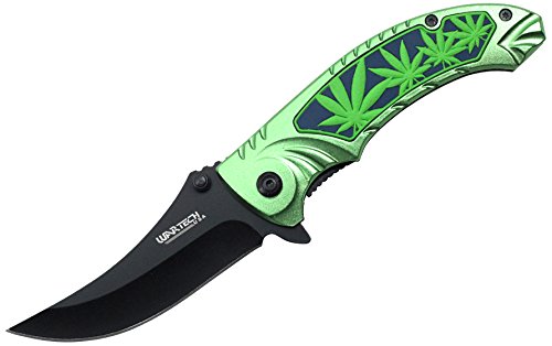 Wartech YC-S-8377-GN 8" Assisted Open Folding Tactical Pocket Knife with Green Marijuana Leaf Design and Green Handle