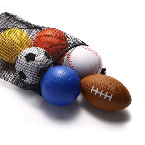 Urspasol Mini Sports Balls Set of 6 Foam Balls for Kids 3.5 inch Soft Ball for Toddlers 1-3 with Bag Includes Soccer, Basketball, Football, Baseball,Tennis and Volleyballs- Throwing Toys for Babies