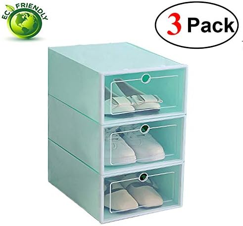 Hwalla Shoe Boxes Clear Plastic Stackable and Foldable, Super Hard Shoe Box Size Storage Containers with Lids (Green, 3 Pack)