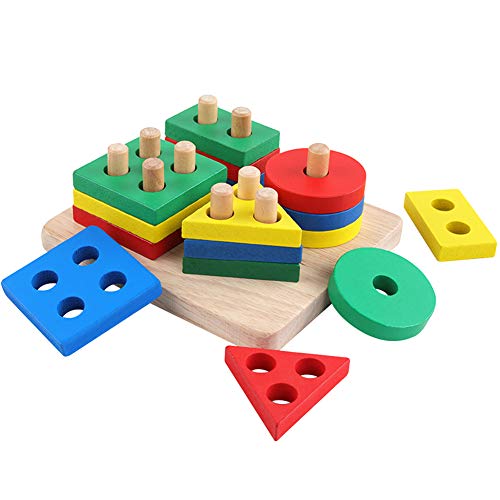 GEMEM Wooden Educational Shape Color Recognition Geometric Board Block Preschool Puzzle Board Toddler Toy Stacking Cups Baby Toys for 2 3 4 5 Years Old Boys and Girls