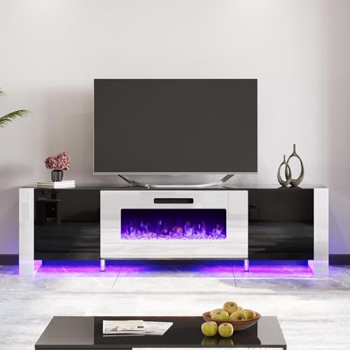 Jocisland 70" Fireplace TV Stand with 36" Electric Fireplace, Entertainment Center with High Gloss Doors & LED Lights, Modern Entertainment Stand for TVs up to 80", Black&White