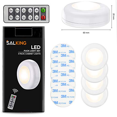 SALKING Wireless LED Puck Lights 4 Pack, UnderÂ CabinetÂ LightingÂ withÂ RemoteÂ Control for Kitchen,Closet,Stairs,Wardrobe, UnderÂ CabinetÂ LightingÂ DimmerÂ ClosetÂ LightsÂ OperatesÂ OnÂ AAAÂ Batteries