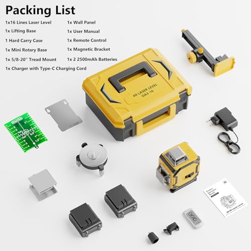 Laser Level 360 Self Leveling, 16 Lines 4×360° Green Pulse Mode Levels for Floor Tile Wall Picture Hanging Construction, 4D Leveler Outdoor Tool with 2 Rechargable Batteries Hard Carry Case