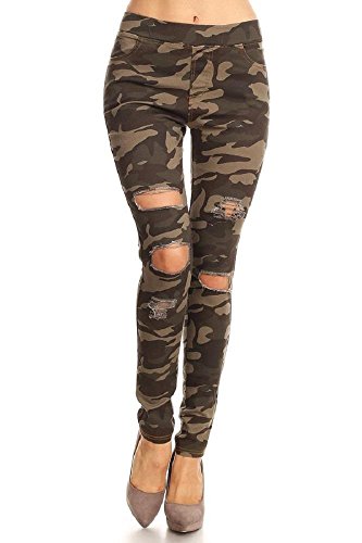 JVINI Women's Stretch Pull-On Skinny Ripped Denim Jeans Military Camouflage Small