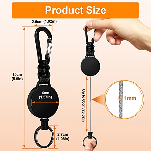 Retractable Key Fob, 3 Pieces, Key Ring, Lanyard, Extendable ID Card Yo-Yo with 60 cm Steel Wire Cord, Pass Holder, with Carabiner, Black, Black, Black