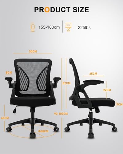 Durrafy Ergonomic Office Chair, Desk Chair with 90° Flip-up Armrests, Lumbar Support & Height Adjustable, Breathable Swivel Computer Chair with Tilt Function, Mid-Back Mesh Chair For Home/Office