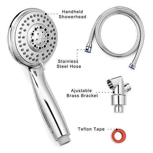 AHODGREAT Rain Shower Head High Pressure 5 Spray Handheld Showerhead for Bathroom, Chrome Finish