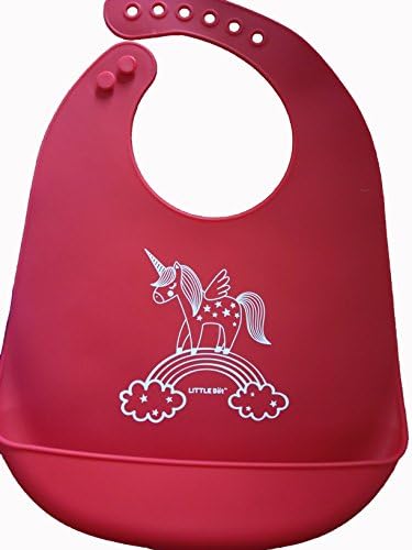 LITTLE Bot Baby Silicone Simple Bib, Unicorn, Red. Ultra Soft, Waterproof, Comfortable, Easy to clean, Baby/Toddler, Germ-free …