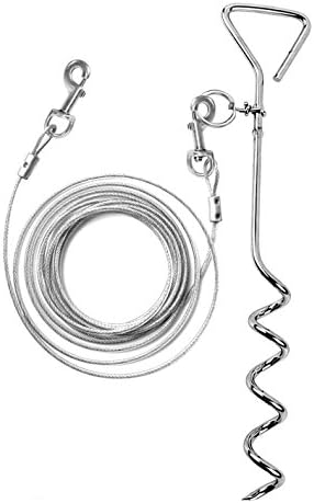 Dog Tie Out Cable 16ft, Heavy Duty Spiral Stake, with Anti-Winding Metal Ring and 2 Clasps, Yard, Camping and Outdoors Dog Leash, Small to Large Pets up to 60lb