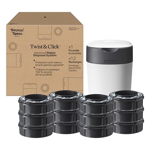 Poubelle à Couches Twist & Click Starter-Set,avec12Recharges,Chaque recharge enveloppe plus de100couches‡,12recharges=plus de1200couches‡,film multicouche antibactérien,Blanc