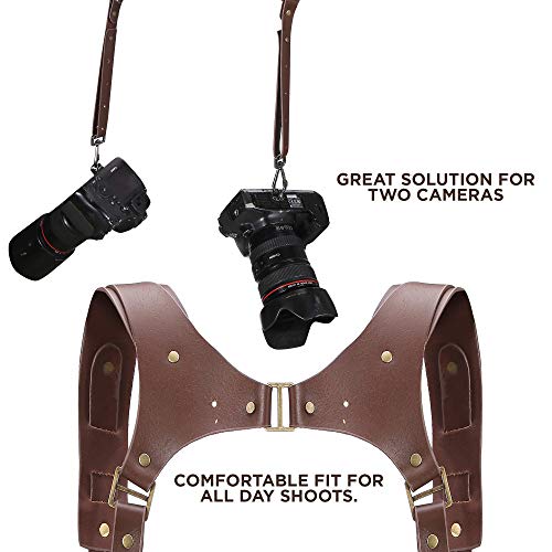 OOKU PRO Dual Camera Strap | Hand-Crafted Genuine Leather Camera Strap | Dual Shoulder Harness for SLR/DSLR Camera Sling & Camera Holster Accessories | Fully Adjustable Camera Harness Straps - Brown