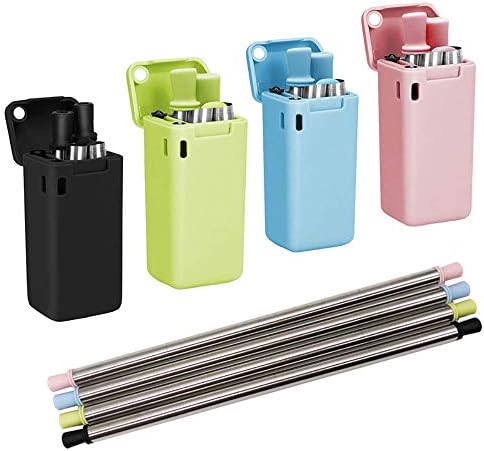 4-Pack Collapsible Straws, Stainless Steel Reusable Foldable Drinking Straws Upgraded Cleaning Brush For Party, Travel, Household, Outdoor (Black/Blue/Green/Pink)