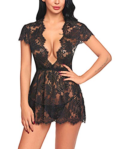 ADOME Dessous Damen Sexy Unterwäsche Set Reizwäsche Negligee V-Ausschnitt Nachtkleid Spitze Nachthemd Sleepwear Kleid – Bild 3