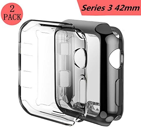 Smilelane Screen Protector Apple Watch 3 Case, iwatch Soft Flexible TPU All-Around Protective Case High Defination Clear Ultra-Thin Cover for Apple Watch Series 3 42mm (1 Black + 1 Transparent)