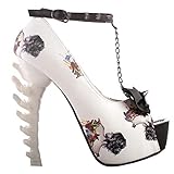 SHOW STORY White Woman Sexy Women Butterfly Print Studs Chain Peeptoe Platform Bone Heel Pumps,LF80631