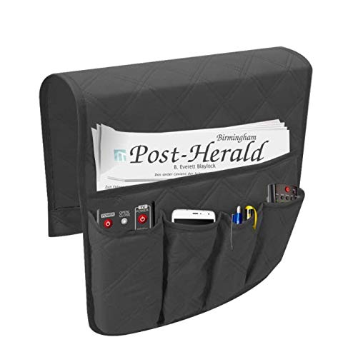 LYNKO Sofa Chair Couch Armrest Organizer, 5 Pockets Anti-Slip Armchair Storage Bag, Fits For Tablet, Phone, Pad, Book, Magazines, TV Remote Control (Black)