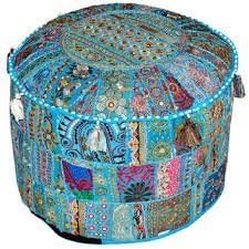 Indian Living Room Pouf, Foot Stool, Round Ottoman Cover Pouf,Traditional Handmade Decorative Patchwork Ottoman Cover,Indian Home Decor Cotton Cushion Ottoman Cover 18 x 15" inches (Blue)