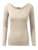 Doublju Women Basic Designed Scoop Neck and Back Button Point Long Sleeve T-Shirt