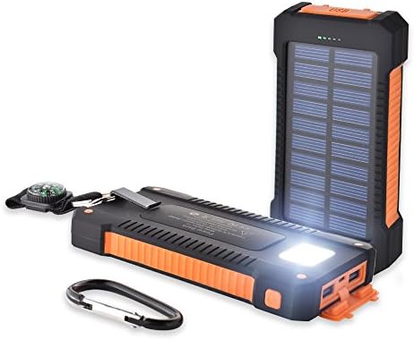 Mini Solar Charger mobile power 10000mAhPortable External Battery withDual USB Ports Power BankCompass Led Emergency power Bank,for iPhoneiPad Samsung and other mobile phones Bainue(Orange)