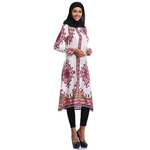 Besooly Women Plus Size Summer Dress Islamic Printing Long Sleeves Plus Size Muslim Middle East Long Dress