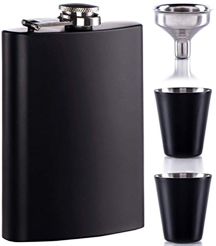 8 oz Black Flask with Shot Glass for Liquor for Men Metal Stainless Steel Flasks
