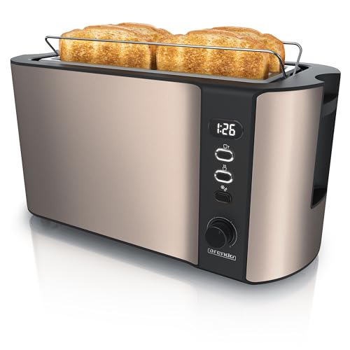 Arendo - Edelstahl Toaster Langschlitz 4 Scheiben - Defrost Funktion - wärmeisolierendes Gehäuse - mit integriertem Brötchenaufsatz - Krümelschublade