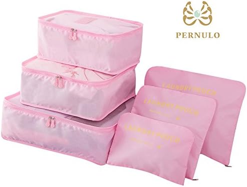 Pack of 6 Waterproof Packing Pouch Packing Cubes Compression Travel Luggage Organizer Clothe Storage Bag Travel Pouch Laundry Bag (Pink)