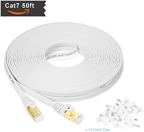 Cat7 Ethernet Cable 50 ft High Speed White – 10GB Fastest Shielded (STP) Computer Internet Cable - Ikerall Flat LAN Internet Wire with Snagless RJ45 Connectors– 50 feet White (15 Meters)