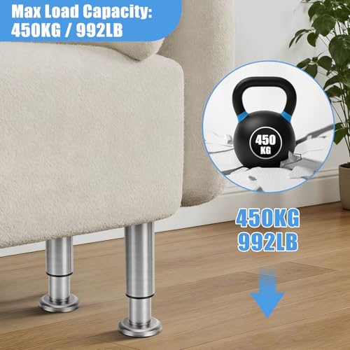 Set of 4 Adjustable Furniture Feet, Stainless Steel Furniture Legs with Non-Slip Pads, Load up to 500 kg for TV Cabinet Sofa Bed (25-42 cm)