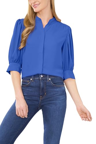 Open Collar Short Sleeve Top with Hidden Placket Sapphire